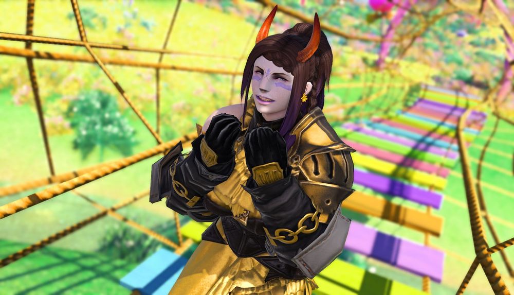 FFXIV Roegadyn Hellsguard in fairie town lookin happy because Hexey said nice things uwu