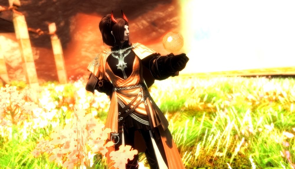 FFXIV Screenshot - Hellsguard Roegadyn contemplating orb while wearing a very swishy outfit.
