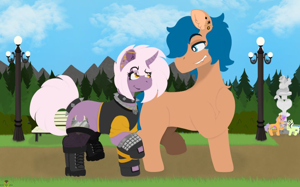 A female purple unicorn and a male orange earth pony walking through a park, in the background there is a couple (Male Unicorn/Female Earth pony) meeting up for a picnic date in front of a fountain.