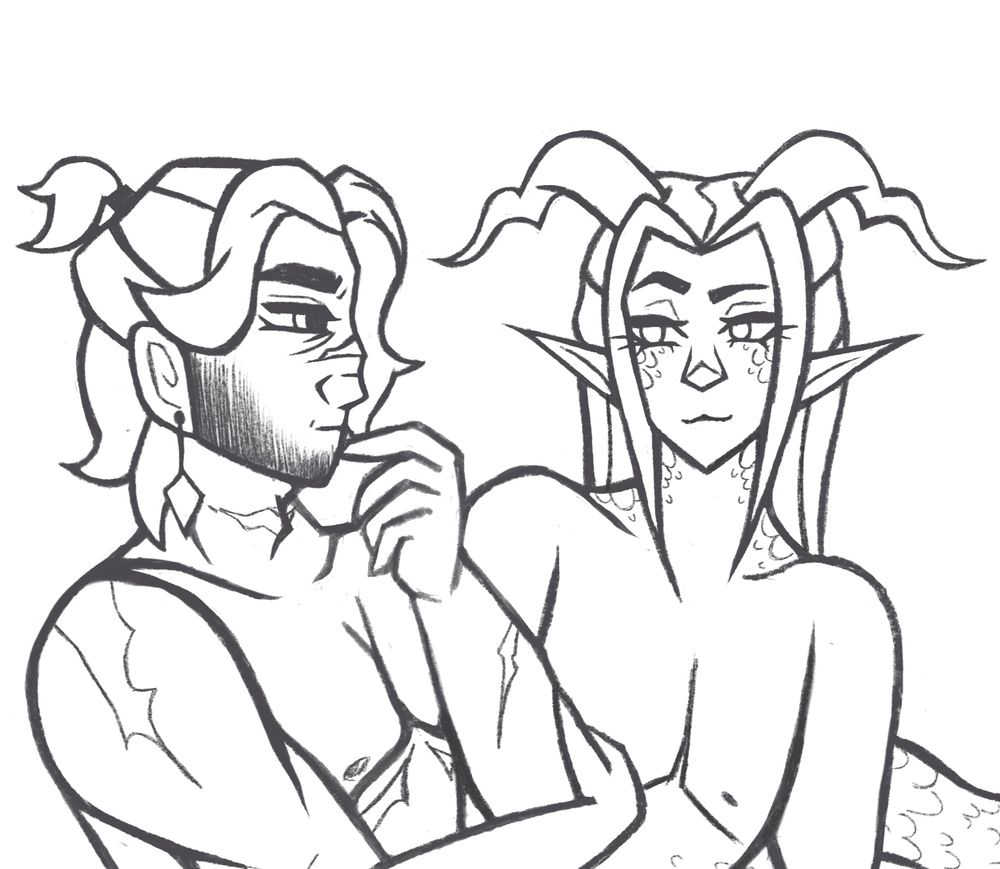 A clean sketch of em’s looking off to the side, hand by his lip as he thinks. Sylus behind him looking smug as he looks at him