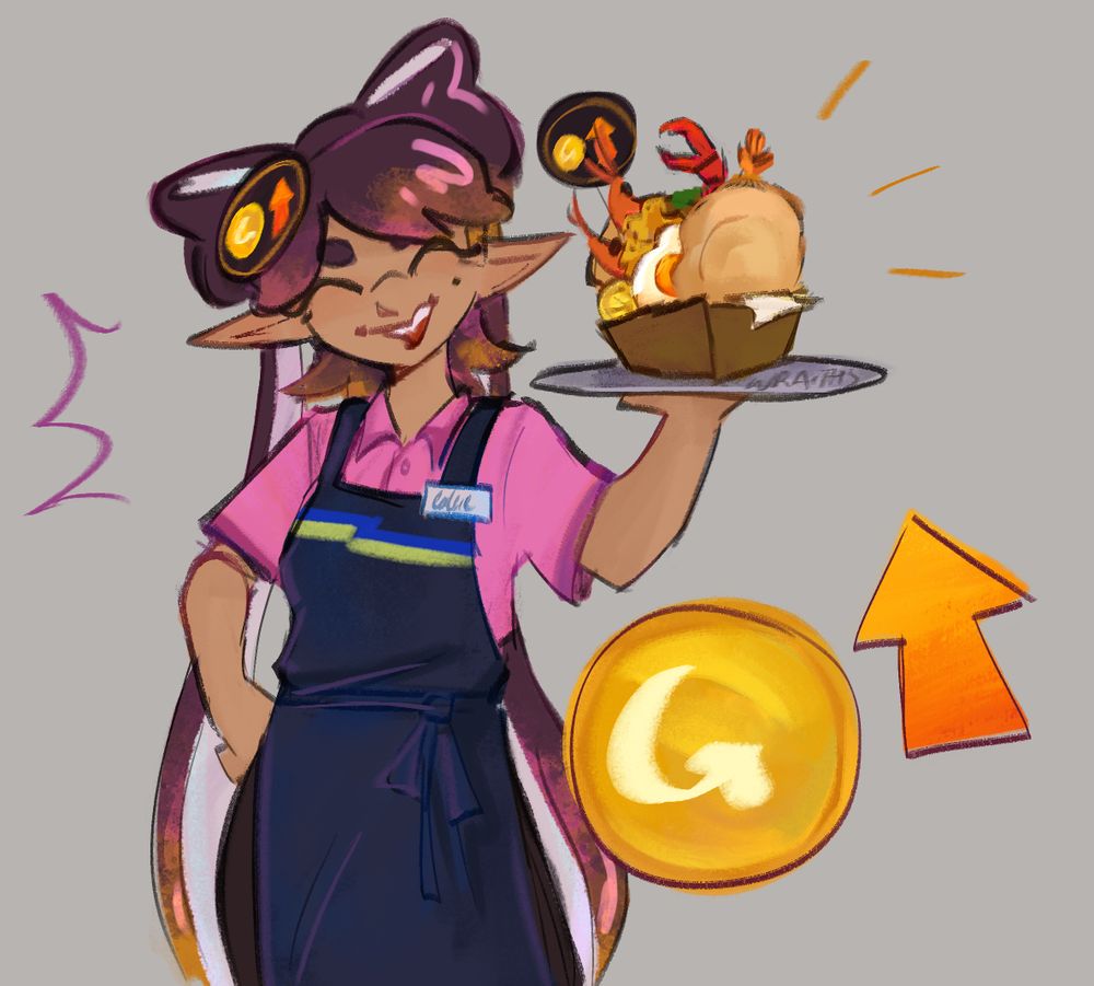 A digital drawing of Callie from the Splatoon series. She's smiling, wearing a navy blue apron over a polo shirt and holding up a platter with a Crab Trap Sandwich. Instead of her regular headpiece, she is wearing a circular cutout with a coin and an upwards arrow on her head (matching the decorative piece in the crab trap sandwich). The increased battle cash symbols are drawn again to fill blank space.