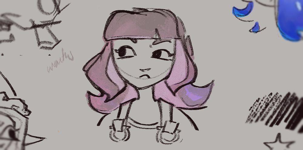 A partially colored, shoulders-up drawing of my Splatoon OC Carly. She's wearing the jumpsuit Agent 8 wears in Side Order, her hair is a lavender-tan color, and she bears a skeptical expression. 