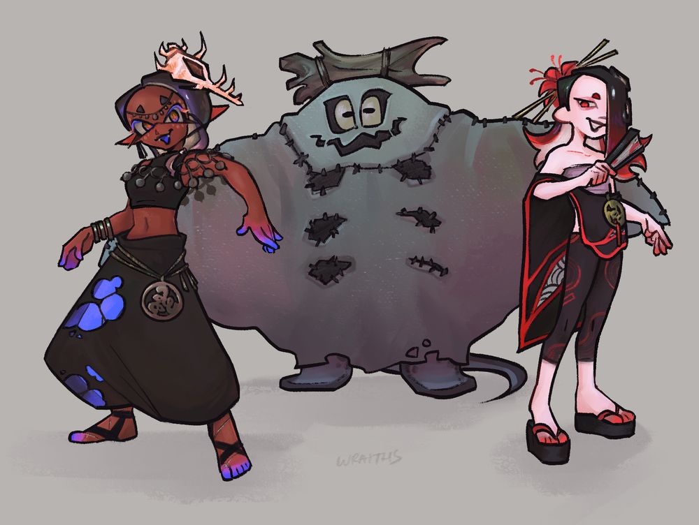 A digital drawing of Deep Cut wearing their outfits from the Splatoween splatfest. Big Man is standing with his arms outstretched, Frye is dancing, and Shiver is striking her signature pose. 