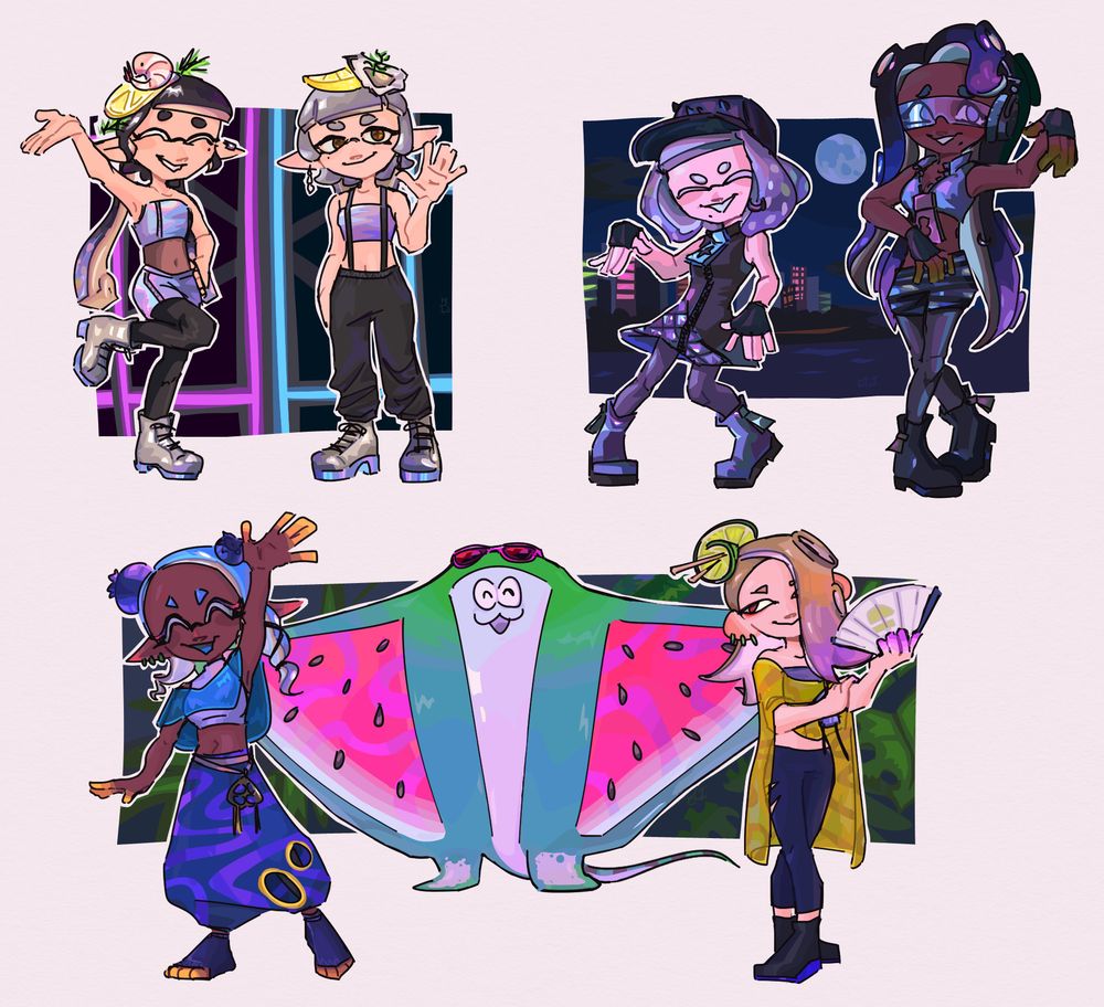 A digital drawing of all three Splatoon idol groups wearing their Summer Nights fest outfits. In the top left, Callie and Marie are standing at their fest stage. Callie is striking a pose with her arm up, while Marie waves toward the viewer. In the top right, Pearl and Marina are striking their signature Off the Hook pose; in the background, a view of Inkopolis at night. At the bottom, Deep Cut stands together. Frye is waving to the audience, Shiver is holding up her fan with one leg crossed over the other and smiling towards Frye, and Big Man stands with his arms outstretched. In the background, monstera leaves are visible. The drawing has been colored using the lasso tool, so the colors have defined boundaries.