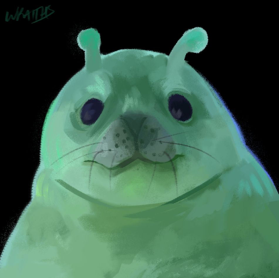 A digital drawing of a seal that is green and has antennae, like an alien.
