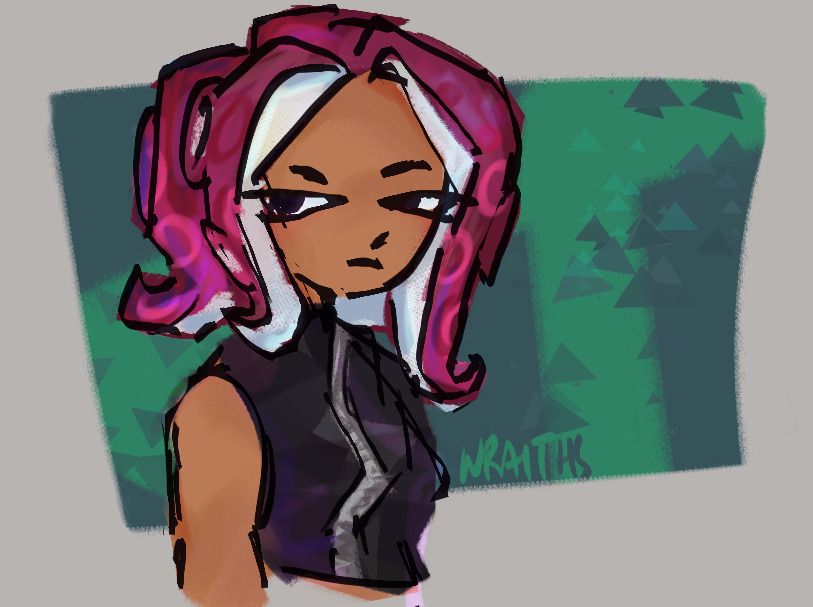 A digital drawing of Agent 8 from Splatoon 2. She's drawn from the waist up, facing left, with a look of mild irritation. 