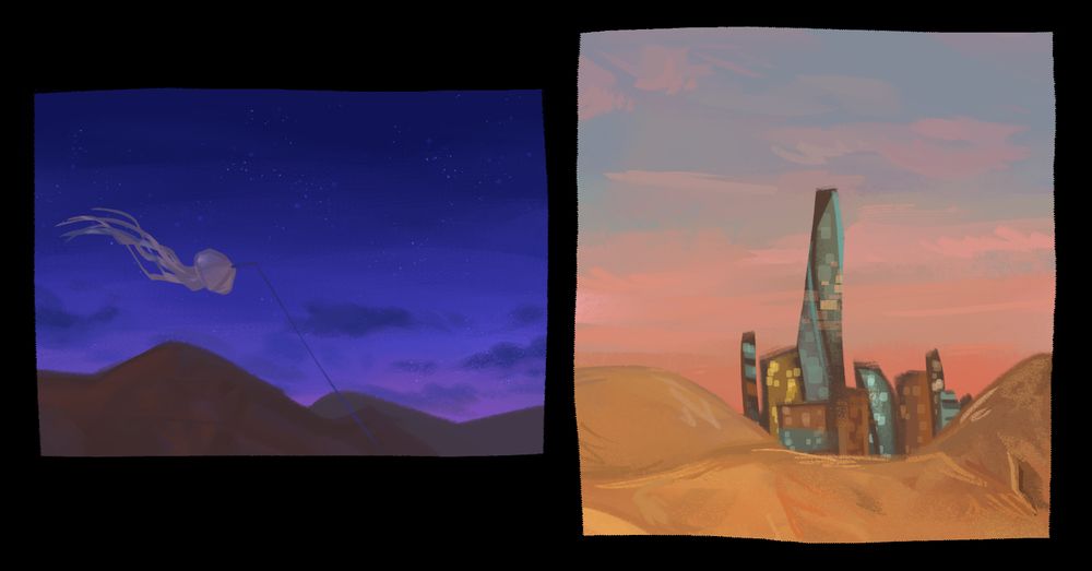 Two digital drawings, side by side. The drawing on the left features a jellyfish kite in a blue-purple night sky, as seen during the nighttime portion of Splatoon 3's grand festival. The drawing on the right shows the skyline of Splatsville behind the terrain of the Splatlands during sunset. Both drawings are somewhat messy/sketchy. 