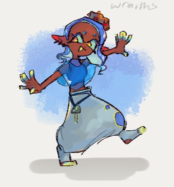 A fully colored digital drawing of Frye from Splatoon 3. She is stepping forward with her arms outstretched, while slightly tilting her head and smiling. Her shirt, shawl, and hair are blue; while her mouth, fingertips, and tips of her toes are yellow, as seen in the Friday vs Saturday vs Sunday splatfest art. The background is white, there is a simple gray shadow underneath her, and a blue watercolor splotch behind her. The artist signature "wraiths" is written in the top right corner. 