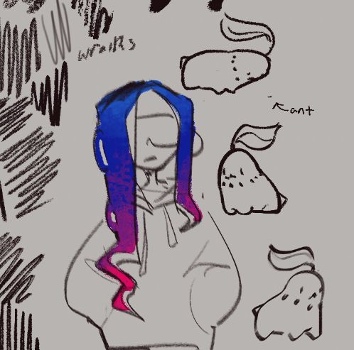 A digital drawing of Acht from the Splatoon series. Only their tentacles are colored. These are also a series of scribbles on the left side (testing different brushes) and three Chikoritas on the right side. The first Chikorita is leaning over to look at an ant; the second is sitting down; and the third is standing. 