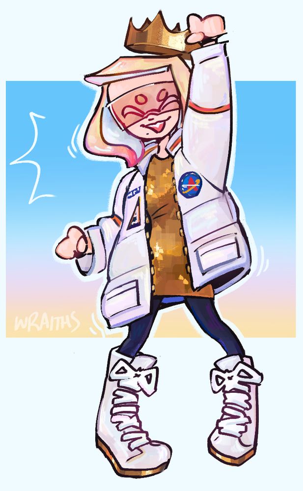 A digital drawing of Pearl from the Splatoon series. She is wearing her astronaut jacket outfit from Side Order; jumping in the air with her fist up, cheering, with her eyes closed. The background is solid white with an orange, pink, and blue gradient block.