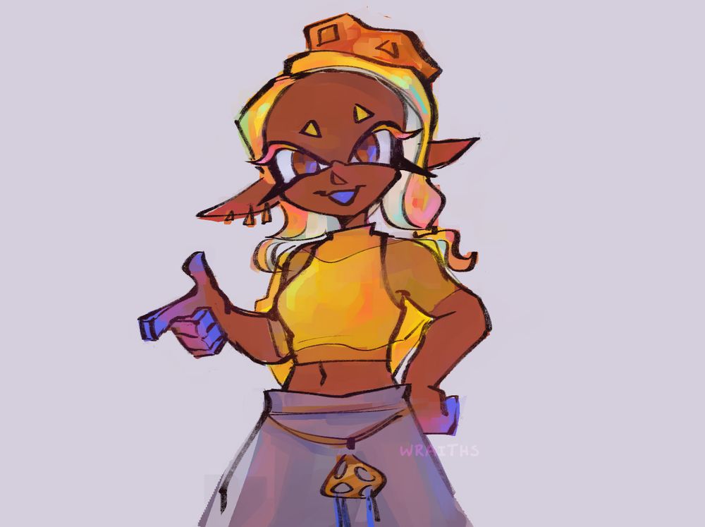 A digital drawing of Frye from Splatoon 3, standing with one hand on her hip, and the other hand pointing forward. 