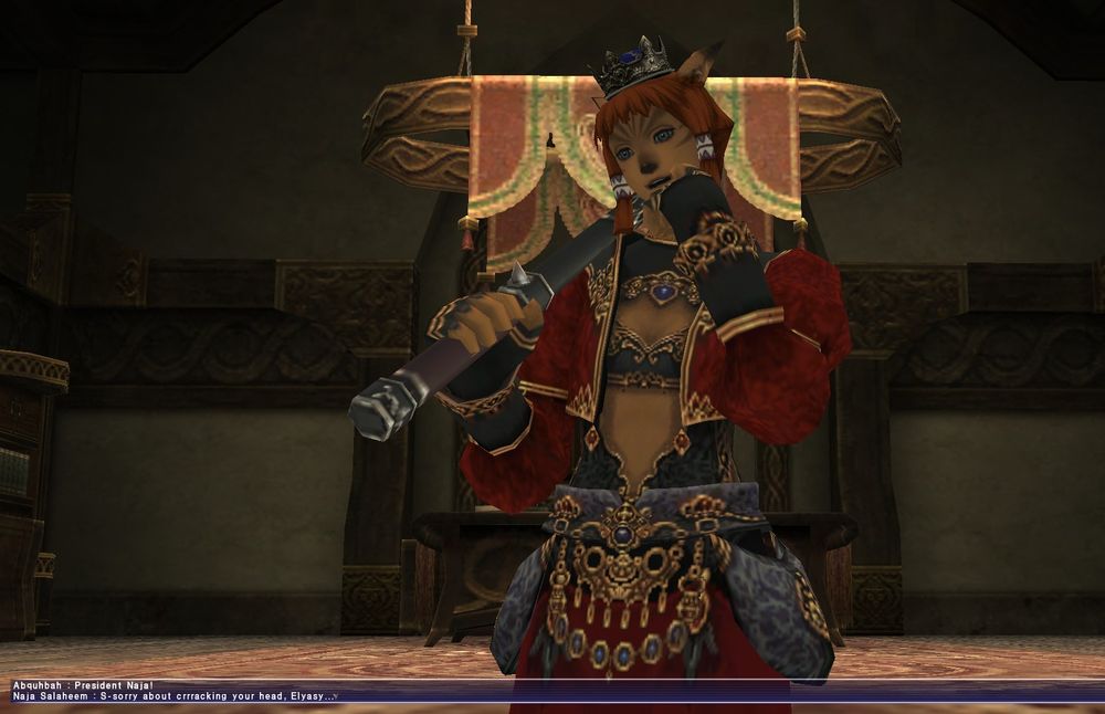 President Naja Salaheem of Salaheem's Sentinels bashfully scratching her cheek as she avoids the player's gaze while apologizing for accidentally bonking them with her morningstar.
Text reads:
Abquhbah: "President Naja!"
Naja Salaheem: "S-sorrry about crrracking your head, Elyasy..."