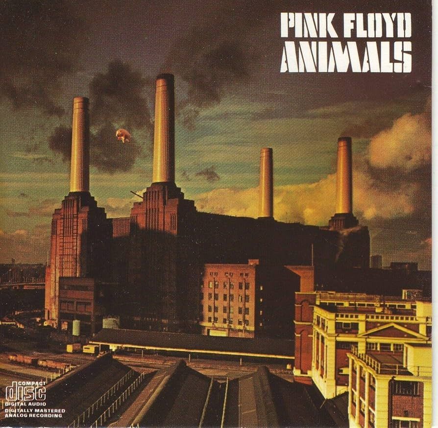 Das Album Cover des Albums Animals von Pink Floyd. 
Es zeigt ein großes Fabrikgebäude mit vier Schornsteinen. Zwischen den beiden vorderen Schornsteinen für ein Schwein.