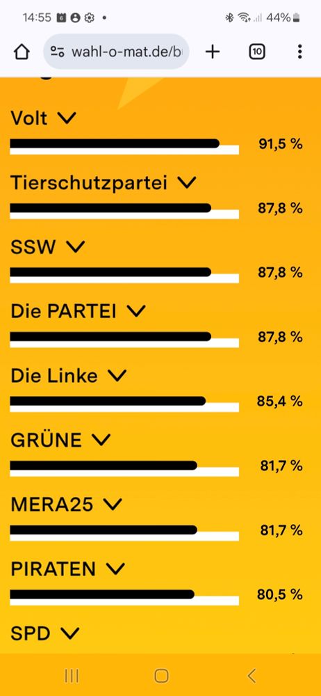 Mein Ergebnis des Wahl-o-mat mit der Partei Volt an erster Stelle