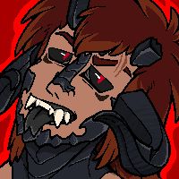 Pixel art of a red headed Xaela with his black forked tongue sticking out from his mouth. He has a cocky expression.