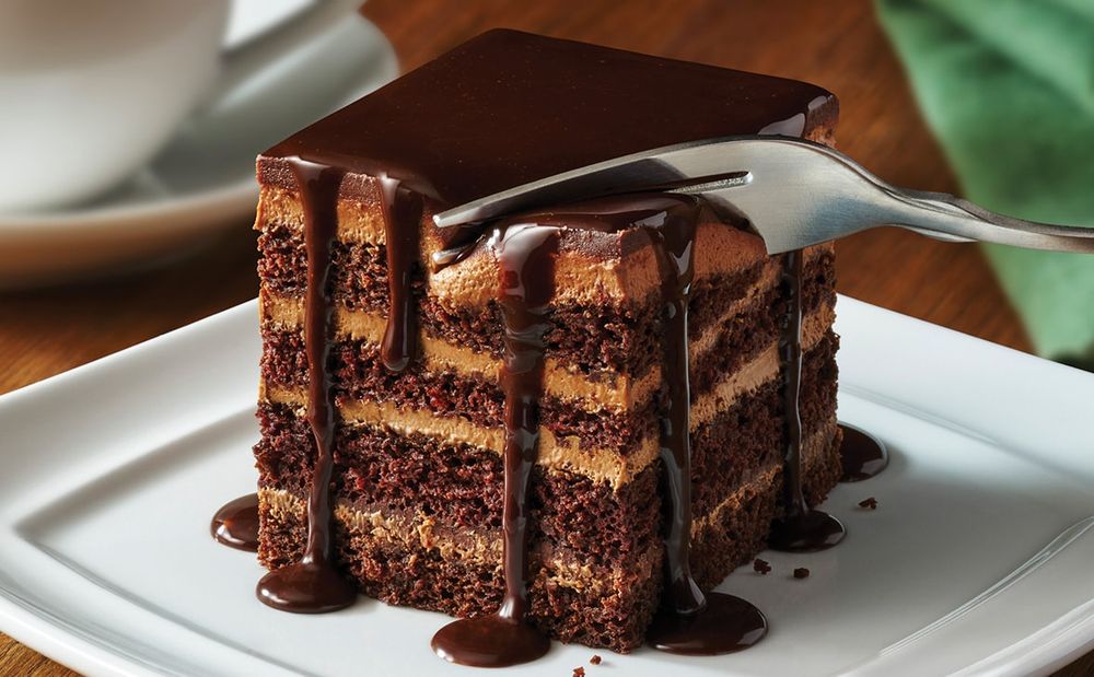 A fork begins to cut into a cube of "Decadent layers of chocolate cake, creamy chocolate mousse, and a delicate layer of crushed wafers. Topped with chocolate sauce."