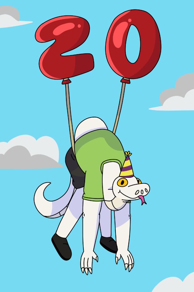 An anthro snake flying in the air with balloons that look like the number 20.