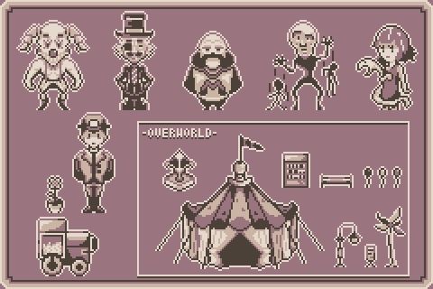 A set of pixel characters, including a clown, a magician and more.