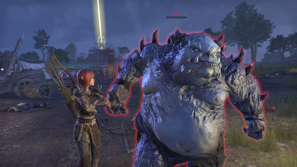 A screenshot of Tulwen the ginger tattooed Bosmer next to an ogrim at a siege camp who refuses to despawn, standing petulantly because no one told him his shoulder spikes looked nice.