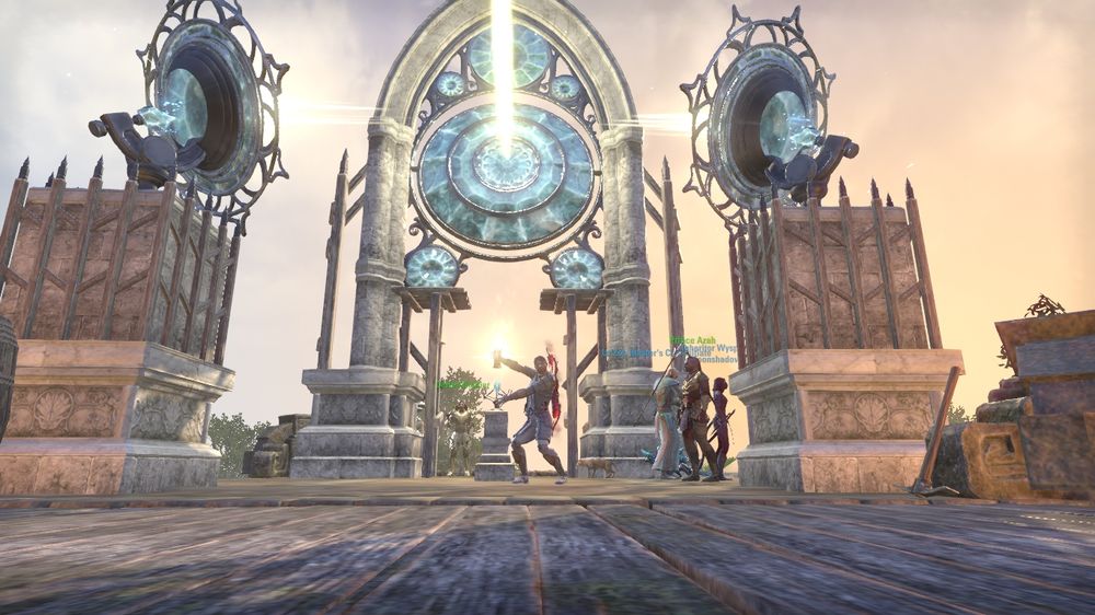 Screenshot of Jerrick performing the LOOK AT THIS emote to the Meridian Death Ray, waving his hands at the thaumaturgic wonder weapon