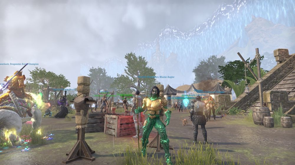 Screenshot of a player whose green and gold armor is patterned to have them look like the DC comics character Aquaman (the drinking swearing one, not the fishstick)