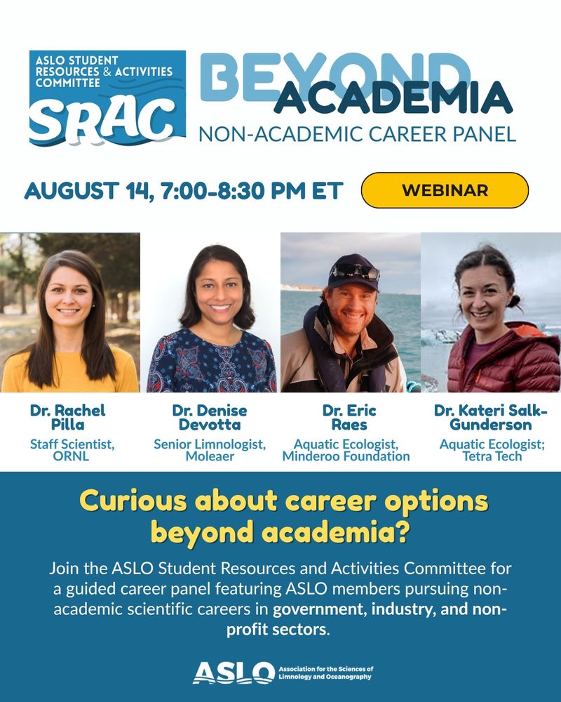 An advertisement for a webinar titled "Beyond Academia: Non-Academic Career Panel." The panel features four experts: Dr. Rachel Pillai, Dr. Denise Devetta, Dr. Eric Roess, and Dr. Kateri Salk-Gunderson. The event is scheduled for August 14 from 7:00 to 8:30 PM ET, organized by the ASLO Student Resources and Activities Committee. A prompt encourages curiosity about career options outside academia.