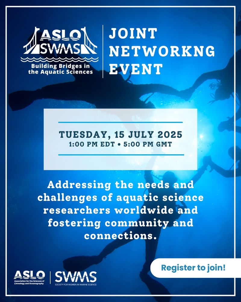 Promotional image for a joint networking event by ASLO and SWMS. The background features a blue tone with an abstract water theme. Text details the date, Tuesday, 15 July 2025, at 1:00 PM EDT / 5:00 PM GMT, and emphasizes addressing the needs of aquatic science researchers. A call to action reads "Register to join!" at the bottom.