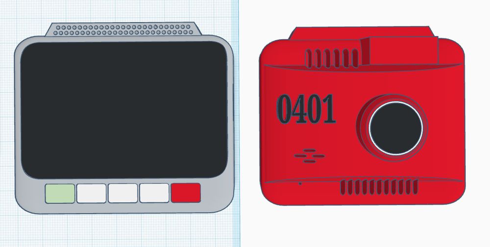 a custom model mockup in Tinkercad of the Daihatsu Hatsune Miku dash cam, but in red and grey with the number "0401" on the front denoting it as a Kasane Teto inspired version