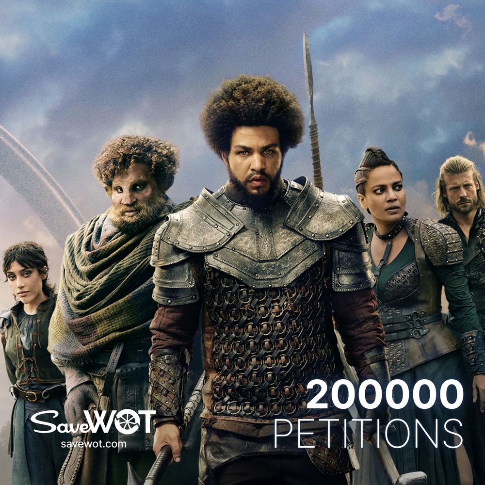 Promotional image for The Wheel of Time featuring five key characters standing against a dramatic sky with smoke and fire in the background. At the center is Marcus Rutherford as Perrin in chainmail and leather armor, gripping a weapon and looking determined. To his right is Priyanka Bose as Alanna in green battle attire, and Taylor Napier as Maksim behind her in matching armor. To the left of Perrin is Hammed Animashaun as Loial, with his signature prosthetics and layered cloak, and further left is Isabella Bucceri as Faile in a dark tunic with long, loose hair. Overlay text reads “200000 Petitions” and “SaveWOT savewot.com”.