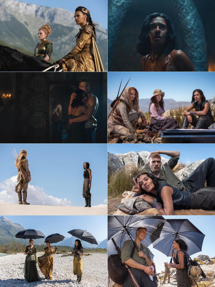 A collage of eight The Wheel of Time Season 3 images. Top left: Madeleine Madden (Egwene) and Ceara Coveney (Elayne) on horseback in ornate gold outfits against a mountainous backdrop. Top right: A bloodied and distressed Madeleine in a dimly lit setting. Second row, left: Josha Stradowski (Rand) embracing Madeleine in a candlelit room. Right: Ayoola Smart (Aviendha), Rosamund Pike (Moiraine), and Madeleine sitting on the ground in a rugged landscape. Third row, left: Madeleine facing Nukâka Coster-Waldau (Bair) on a vast white landscape. Right: Josha lying on the ground with Madeleine playfully flashing a peace sign. Bottom left: Ceara Coveney, Zoë Robins (Nynaeve), and Madeleine Madden walking with umbrellas. Bottom right: Josha Stradowski and Madeleine Madden smiling under umbrellas while trekking outdoors.