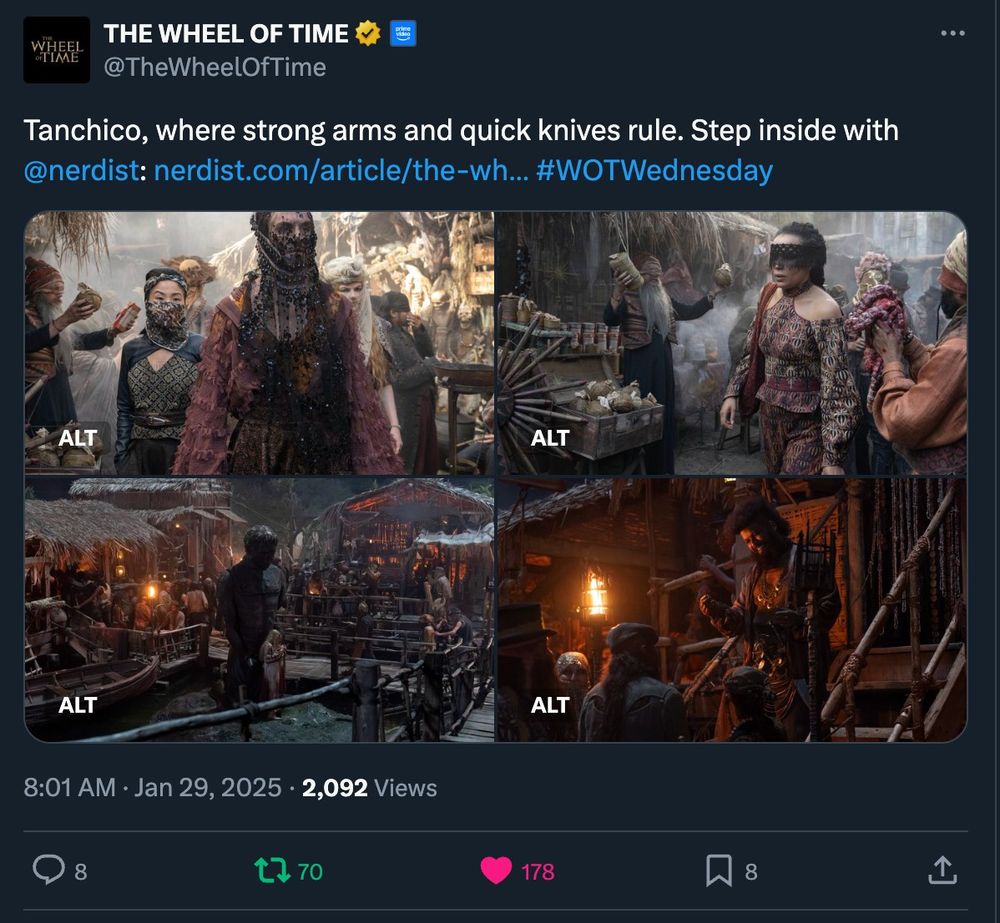 Screenshot of a post from the official wheel of time twitter account. The text reads: Tanchico, where strong arms and quick knives rule. Step inside with Nerdist (provides link). Then lists four photos from Tanchico. In the thread below with Alt Text