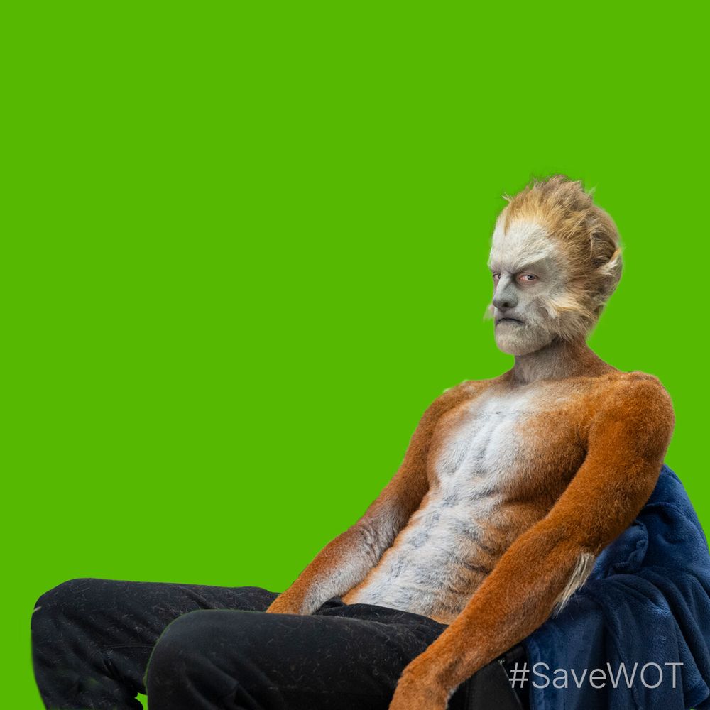 Meme template featuring actor Robert Strange as an Eelfinn from The Wheel of Time, sitting in a slouched, unimpressed pose against a bright green background. He has orange fur, a pale chest, and sharp facial features, with an intense, judgmental expression. The bottom right corner reads “#SaveWOT,” leaving space above for custom captions.