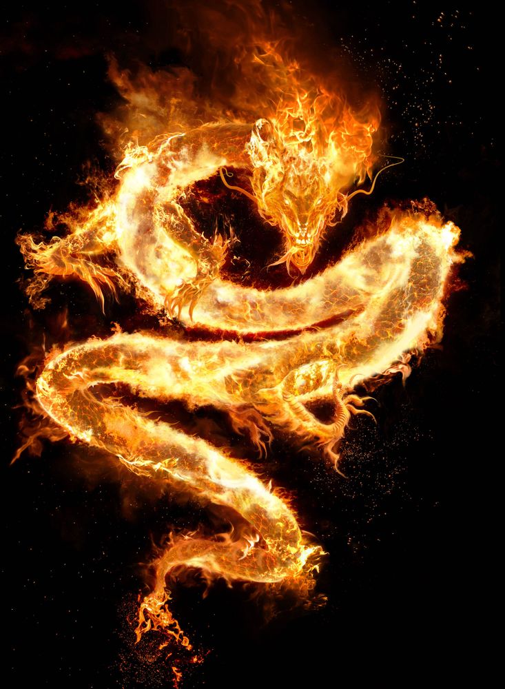 A fiery dragon concept in vivid orange and yellow flames, twisting and coiling through the dark background. The dragon’s head, detailed with fierce eyes and sharp features, appears menacing as flames ripple across its body, evoking a powerful, mythical presence. This concept art was created by Simone De Salvatore for Amazon's The Wheel of Time, Season 2