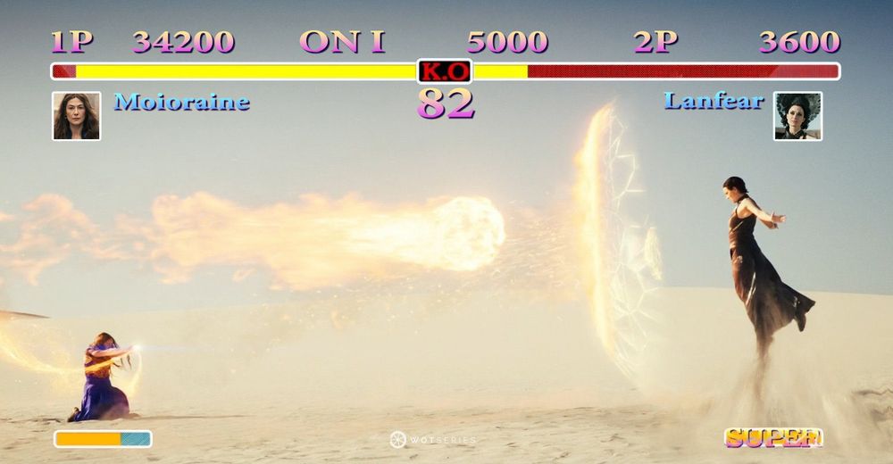 A meme that reimagines a battle between Moiraine (Rosamund Pike) and Lanfear (Natasha O’Keeffe) from The Wheel of Time Season 3 as a Street Fighter-style video game. Moiraine, labeled as Player 1, kneels while launching a fireball of the One Power toward Lanfear, labeled as Player 2, who is levitating and blocking with a glowing shield. Game-style health bars and scores appear at the top, with Moiraine leading at 34,200 points and Lanfear at 3,600. A “SUPER” meter is shown at the bottom right, and the WotSeries logo is placed near the center.