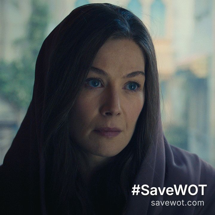 A gif that cycles through a frame for each of the speaking role characters from the wheel of time season 3. This includes rand, moiraine, lan, nynaeve, egwene, mat, perrin, aviendha, loial, min, elayne, verin, siuan, elaida, ryma, tsutama, alanna, leane, maksim, bain, chiad, bair, melaine, rhuarc, marin, natti, the cauthon girls, lanfear, moghedien, sammael, rahvin, valda, eelfin, nyomi, ispan, chesmal, couladin, sevanna, gawyn, galad, morgase, and many others. The bottom right corner shows #SaveWOT savewot.com
