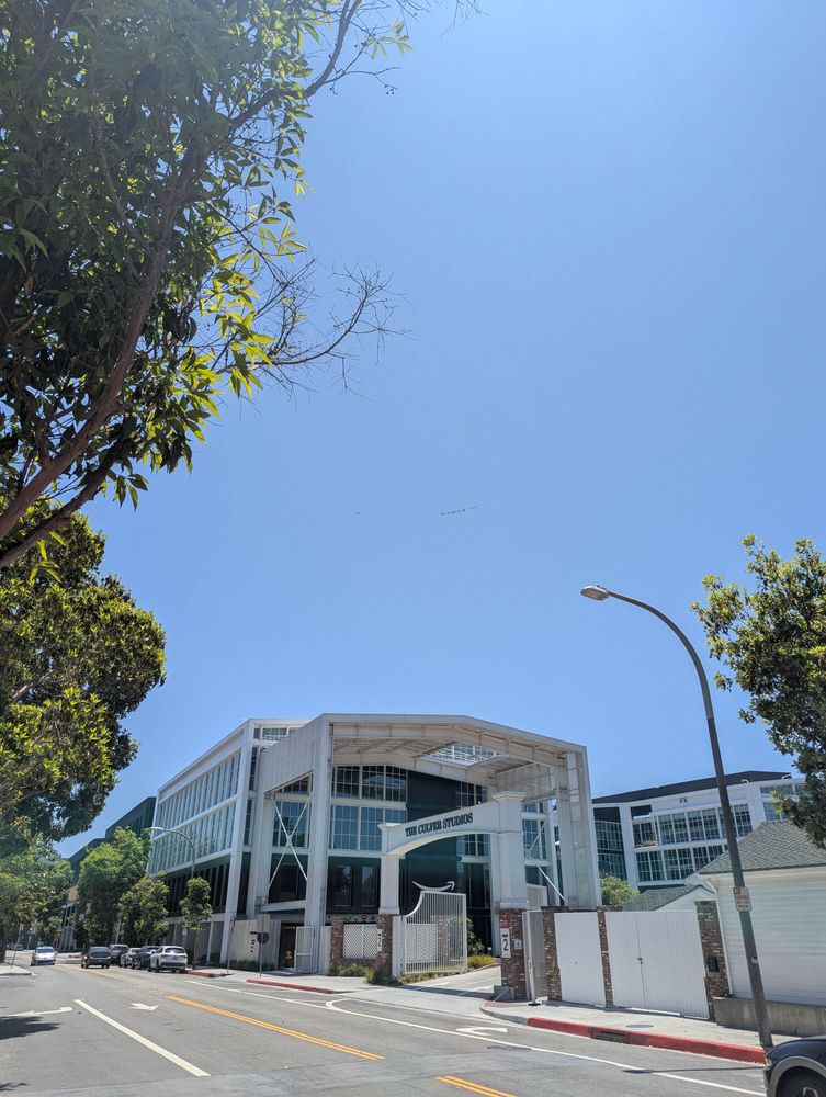 A photo showing the plane towing the banner, and also in the show is the entrance to "The Culver Studios", which is Amazon Studios
