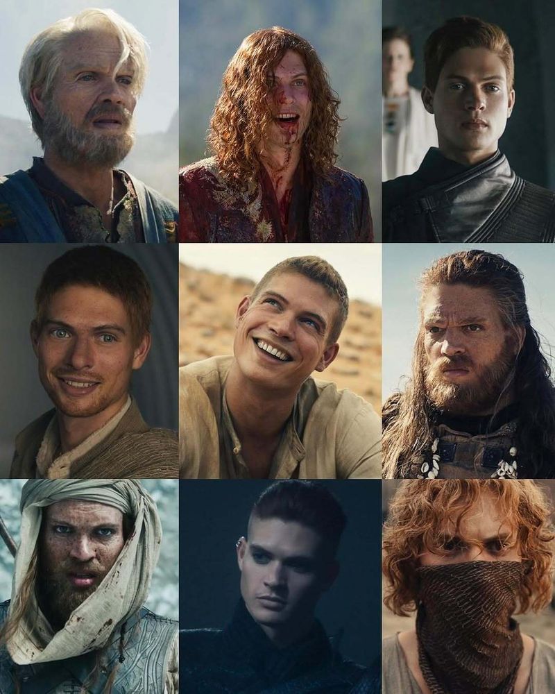 A 3x3 grid shows actor Josha Stradowski portraying nine different characters from The Wheel of Time. In the top row, he appears as Jonai with white hair and a beard; as a blood-splattered, wild-eyed Rand ("crazy Rand"); and as Rhodric, clean-cut and dressed in formal dark clothing. The middle row features Josha as Charn, smiling gently with a youthful look; as Rand, grinning brightly in the desert; and as Mandein, rugged and intense with long hair and a beard. The bottom row shows him as Janduin, weathered and wrapped in desert garb; as Forsaken Rand, pale and severe with a sharp undercut in dark attire; and as Lewin, with curly hair and a cloth mask obscuring the lower half of his face.