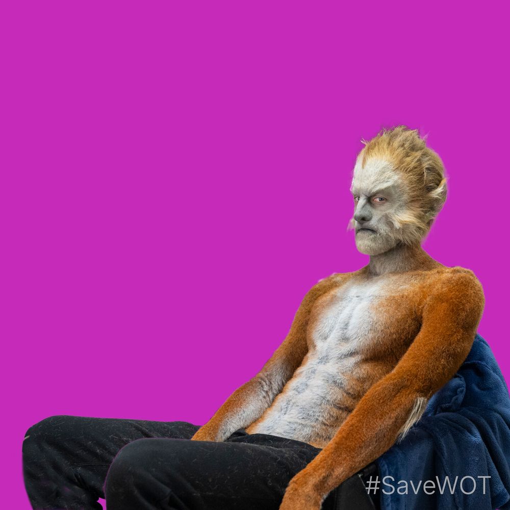 Meme template featuring actor Robert Strange as an Eelfinn from The Wheel of Time, sitting in a slouched, unimpressed pose against a bright pink background. He has orange fur, a pale chest, and sharp facial features, with an intense, judgmental expression. The bottom right corner reads “#SaveWOT,” leaving space above for custom captions.