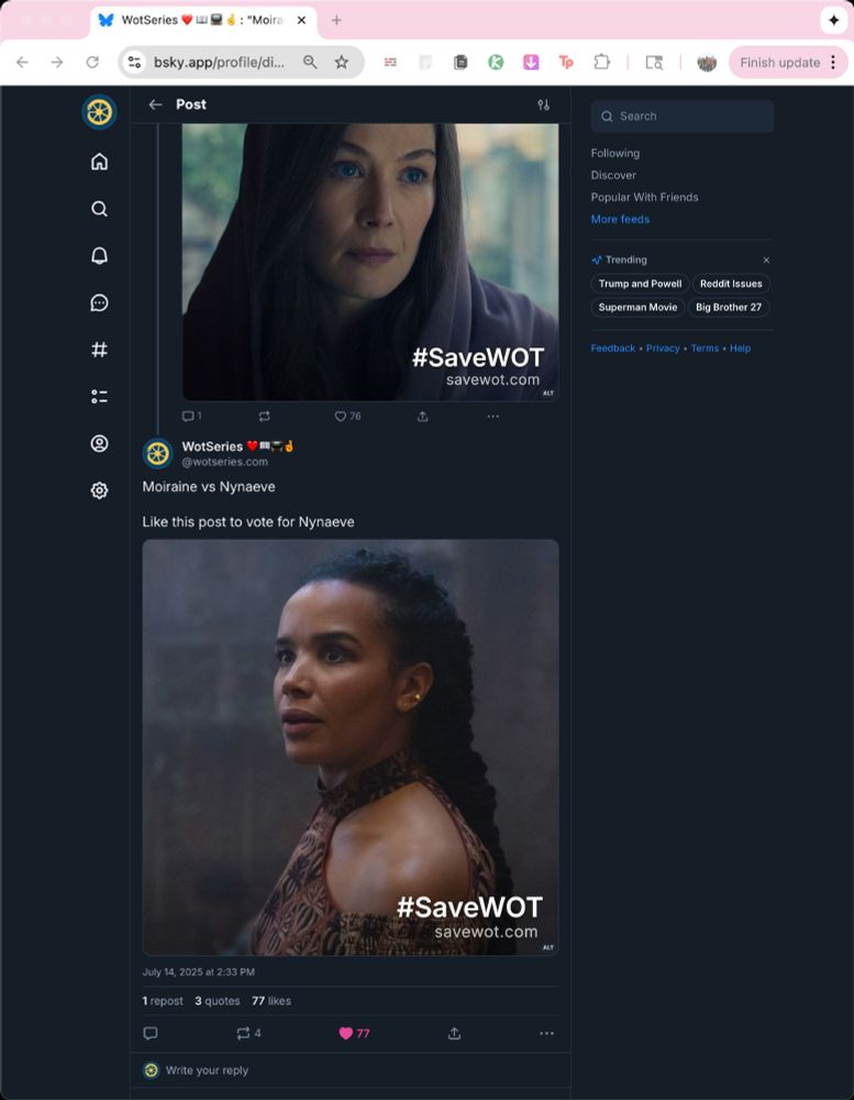 Screenshot showing both replies of Moiriane and Nynaeve. With Moiraine getting 76 likes to Nynaeve's 77