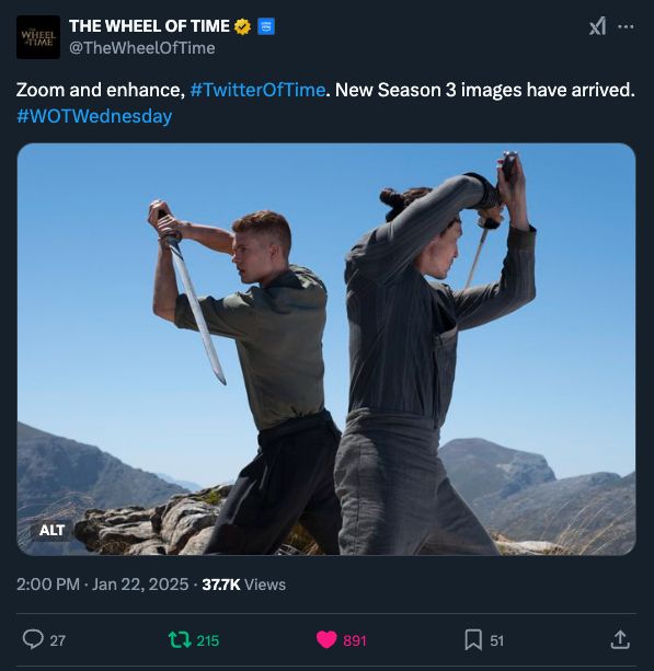 Screenshot from the official twitter account for The Wheel of Time showing Rand and Lan practicing sword forms. The text of the tweet reads: Zoo and enhance, #TwitterOfTime. New Season 3 images have arrived. #WOTWednesday. 