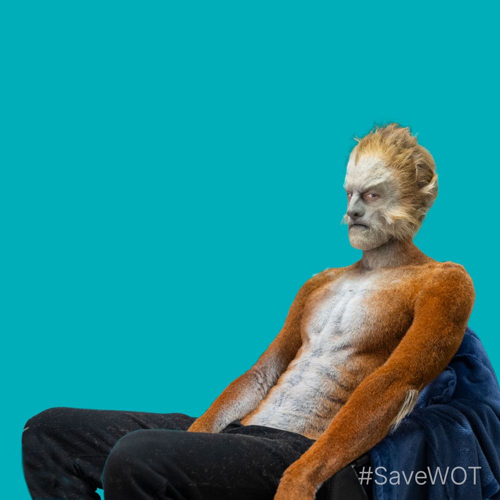 Meme template featuring actor Robert Strange as an Eelfinn from The Wheel of Time, sitting in a slouched, unimpressed pose against a bright blue background. He has orange fur, a pale chest, and sharp facial features, with an intense, judgmental expression. The bottom right corner reads “#SaveWOT,” leaving space above for custom captions.