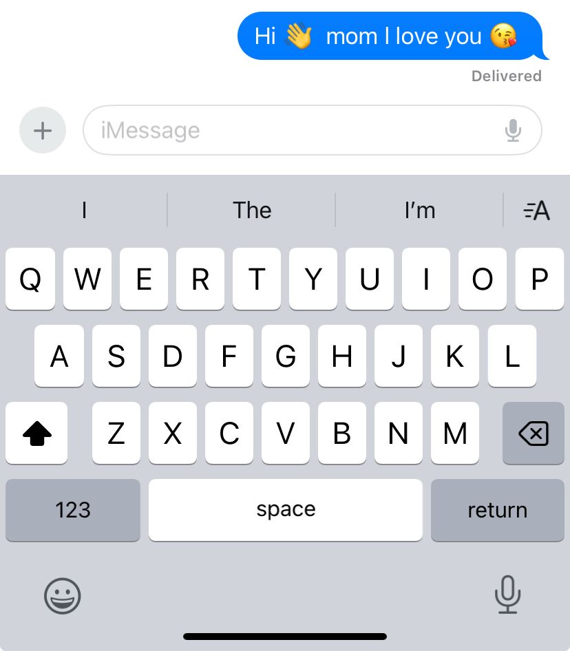 A text that says Hi <hand wave emoji> mom I love you <kissy face emoji>