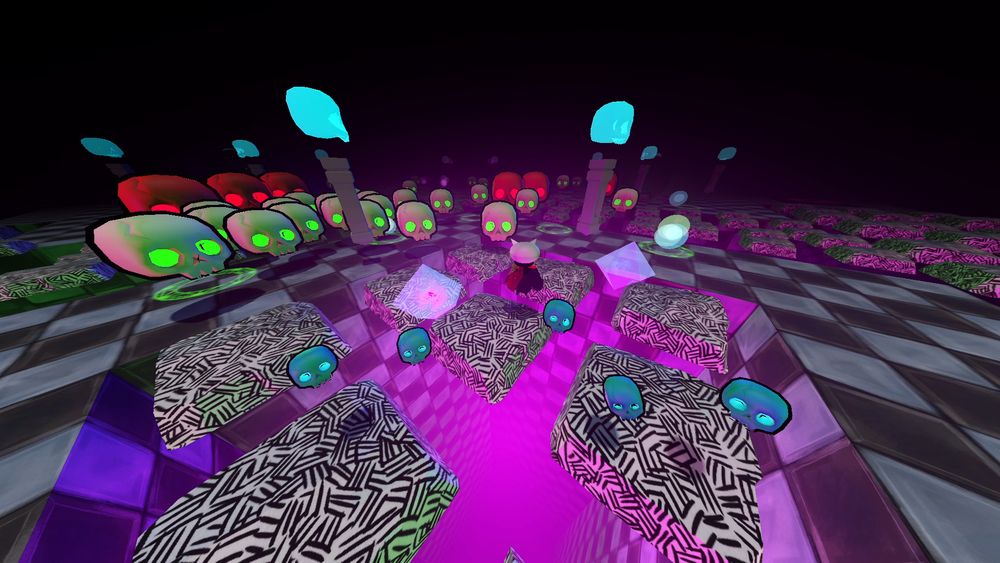Gameplay screenshot of the video game Bone March, in which the player character is firing magic spells at a horde of skull enemies.