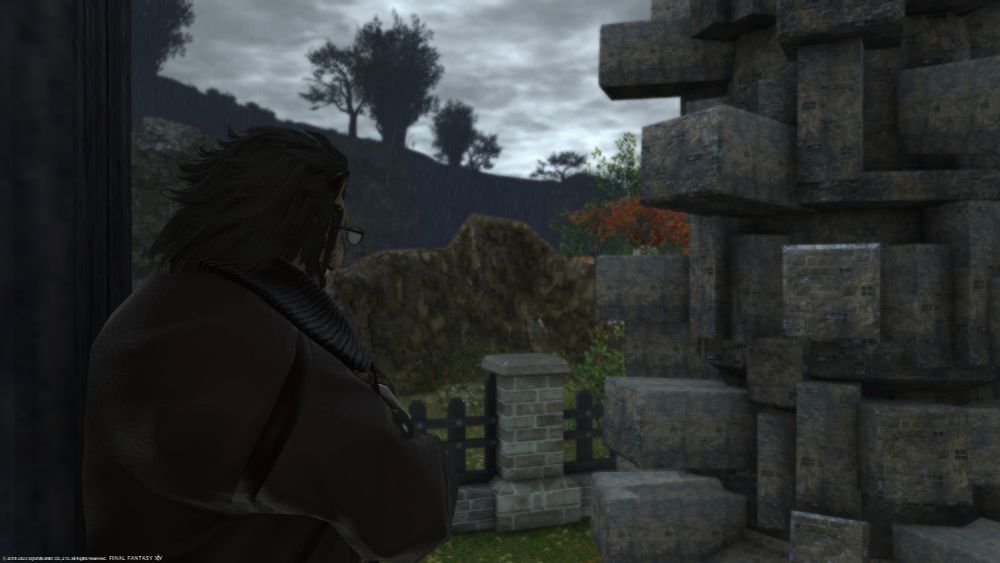 A hrothgar scholar looking out at the rain from the covered porch of the FC house.