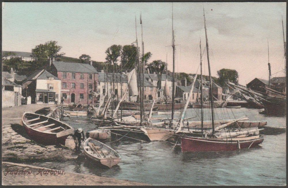 Printed hand-tinted postcard showing a fine view of the harbour at Padstow in Cornwall.

Published by F. Frith & Co Ltd, Reigate, Frith's Series, No 47714, photo registered in 1901, printed in Saxony, c.1905.

Postally unused.

Very good condition, with very slight corner bumps, otherwise excellent.