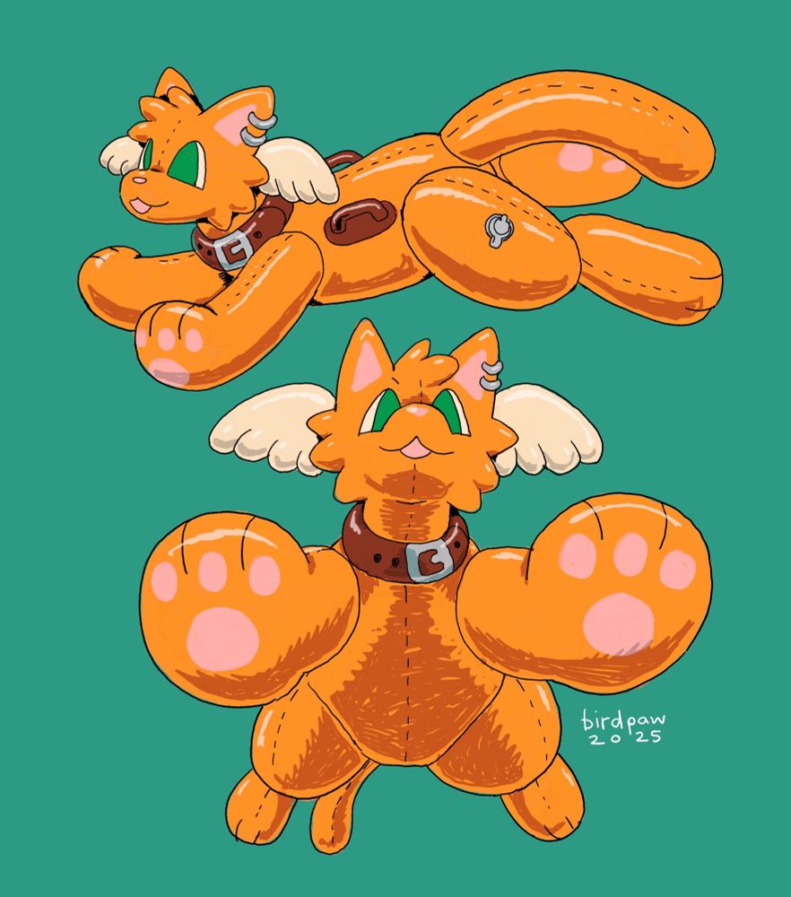 A feral orange cat character which has been turned into a smooth inflatable pool toy. She has green eyes, a small pair of wings on her head, two rings in her ear, and a brown collar. There are two brown handles on her back, and an air nozzle on her thigh. 