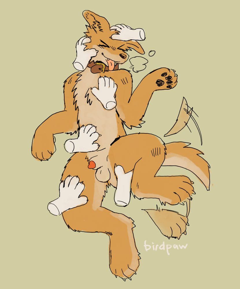 An anthro yellow dog character receiving pets from several ghost hands.