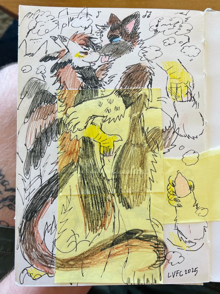 An ink and colored pencil drawing of two anthro characters surrounded by the vague suggestion of a dancing crowd and music. Vec the scruffy feathered dragon smiles and covertly slips his hand into the sheath of Knox the dog, teasing his cock out. Knox has his paws on Vec, keeping the two of them close together.