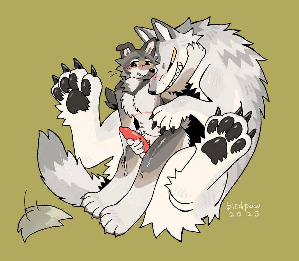 An anthro brown wolf sits against a larger wolf with light grey fur. The smaller wolf is straddling the larger wolf’s cock between his thighs and against his tdick.