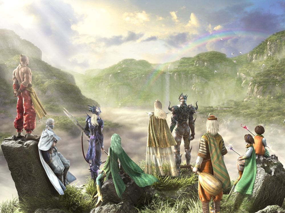 Some of the playable party of Final Fantasy IV look on at the valley below